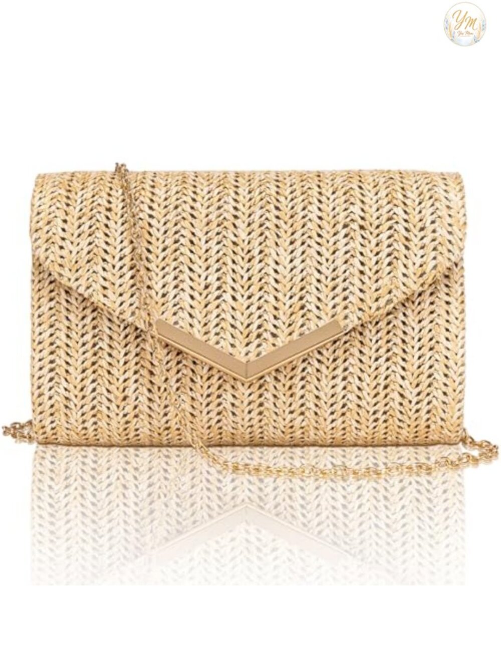 Straw Clutch Purse Envelope Evening Handbag with Detachable Gold Chain